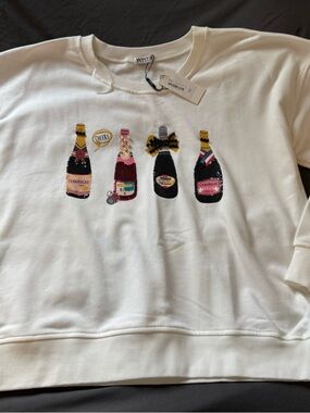 WHY White Crewneck Sweater with Embellished Champagne Bottle Motif